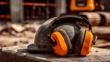 Pair of noise-canceling earmuffs resting on top of a construction helmet, ready for use on a job siteの素材