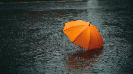 Orange umbrella floating in a flooded street during a rainstorm, captured in dramatic natural lightの素材