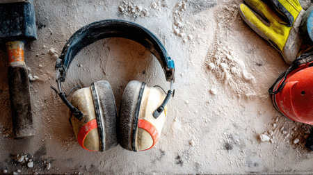 Top-down view of earmuffs on a cement floor, surrounded by dust and safety gear in an active workspaceの素材