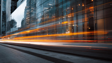 Reflected light streaks from traffic on a glass building, adding a surreal urban motion effectの素材