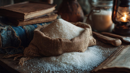 Overflowing bag of granulated white sugar in a rustic kitchen setting, styled for authenticity and warmthの素材