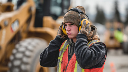 Worker adjusting earmuffs while standing next to heavy equipment outdoors on a construction siteの素材