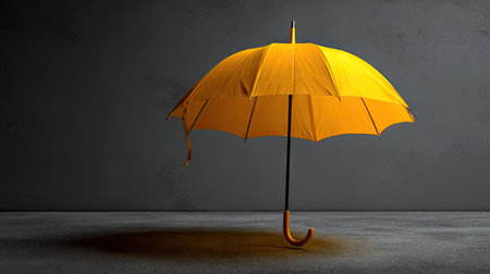 Yellow umbrella isolated on a gray background, highlighting contrast and minimalistic styleの素材
