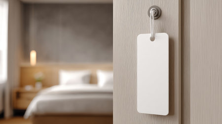 White door hanger mockup hanging on a closed door, perfect for customizing with print or hotel messagesの素材
