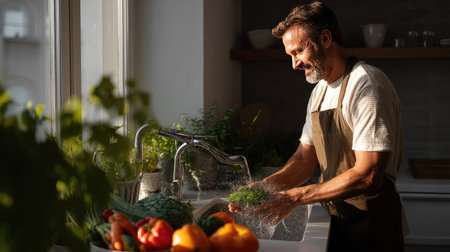 A cheerful man wearing an apron washing mixed vegetables in the kitchen sink with sunlight illuminating the spaceの素材