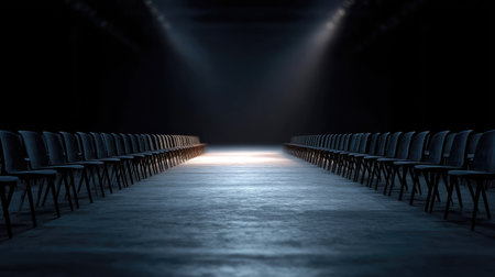 Auditorium filled with vacant chairs, all facing forward toward a stage, scene silent and expectantの素材