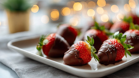 A close-up of chocolate-dipped strawberries arranged on a serving tray with a soft-focus bokeh effect in the backgroundの素材