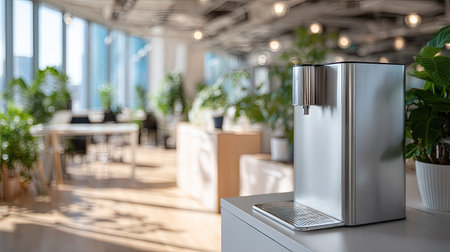 A close-up of a smart water cooler with touch controls, set against a bright, airy office space with plenty of natural lightの素材