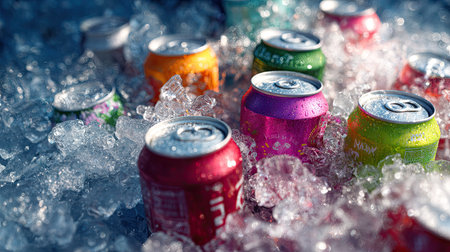 Array of beverage cans with vibrant labels submerged in ice, suggesting variety and refreshmentの素材
