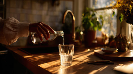 A woman filling a glass with water, her hand gracefully handling the bottle, in a sunlit kitchen with wooden accentsの素材