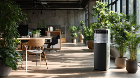 A contemporary office with a sleek water cooler standing beside a stylish desk, contributing to the healthy work environmentの素材