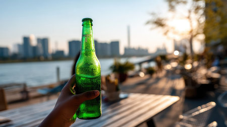 A chilled green beer bottle in the hand of a person sitting at an outdoor table with a cityscape in the backgroundの素材