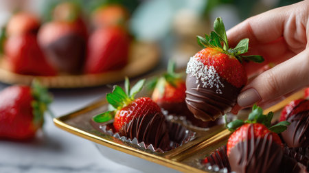 A hand picking up a chocolate-covered strawberry, with several other strawberries arranged elegantly on a dessert trayの素材