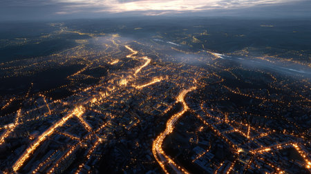 A city at night from above, illuminated streets and buildings forming a glowing patchwork of light, stretching across the urban areaの素材
