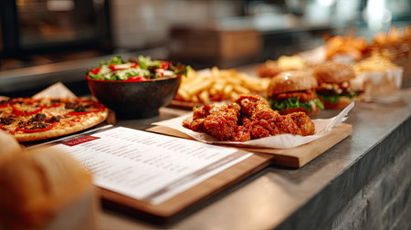 A fast food restaurant delivery menu on a counter with various options like pizza, burgers, and fried chickenの素材