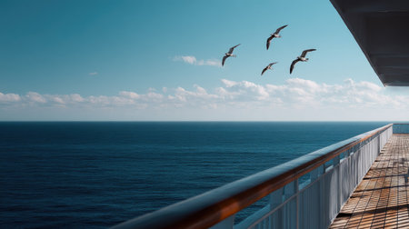 A wide-open view of the vast ocean from the deck of a cruise ship, with a few birds flying in the distanceの素材