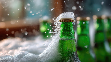 A close-up of green beer bottles being opened, with foam spilling over the rim of the bottle and a pub setting in the backgroundの素材