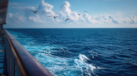 A wide-open view of the vast ocean from the deck of a cruise ship, with a few birds flying in the distanceの素材
