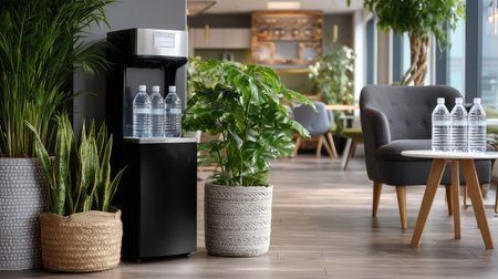 A clean and modern water cooler in an office lounge area, with a sleek design and bottles of fresh water nearbyの素材