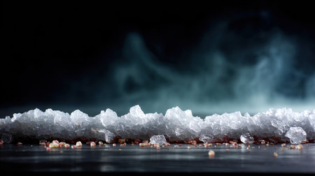 A layer of crushed ice arranged neatly on a black table, steam rising subtly to create contrast between cold and warmthの素材
