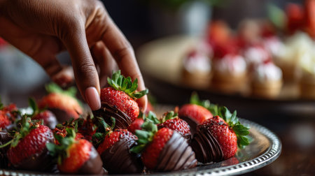 A hand picking up a chocolate-covered strawberry, with several other strawberries arranged elegantly on a dessert trayの素材
