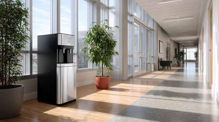 A modern, elegant water cooler in a bright office hallway, with a focus on design, functionality, and convenience for employeesの素材