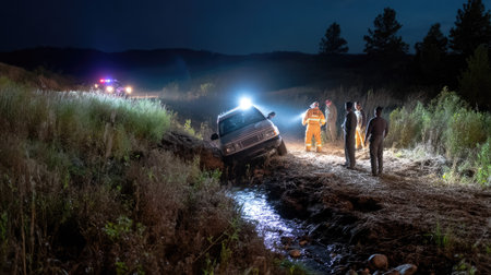 A flipped SUV in a ditch with rescue personnel using flashlights during nighttime recoveryの素材