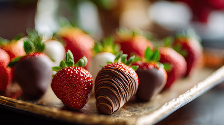 A close-up of chocolate-dipped strawberries arranged on a serving tray with a soft-focus bokeh effect in the backgroundの素材