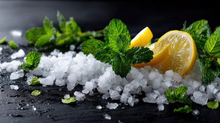 A clean arrangement of crushed ice with lemon zest and mint leaves on a black surface for a refreshing summer conceptの素材