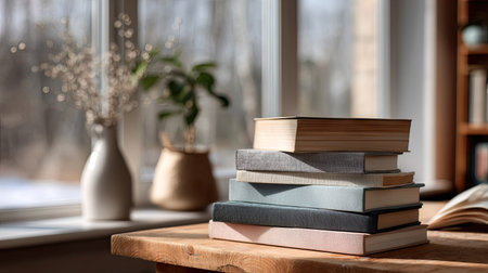 A neat set of hardcover books stacked on a wooden library table, soft daylight streaming through large windowsの素材