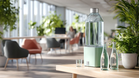 A minimalist water cooler in a modern office break room, with glass bottles and a few employees relaxing nearbyの素材