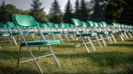 A large number of vacant folding chairs set up outdoors on grass, awaiting a public event or gatheringの素材
