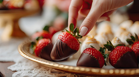 A hand picking up a chocolate-covered strawberry, with several other strawberries arranged elegantly on a dessert trayの素材