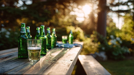 A group of green beer bottles on a picnic table with a cold beer poured into a glass, surrounded by greenery and outdoor sunlightの素材