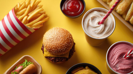A fast food menu with delicious-looking items, showcasing hamburgers, fries, and milkshakes in a vibrant layoutの素材