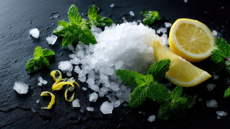 A clean arrangement of crushed ice with lemon zest and mint leaves on a black surface for a refreshing summer conceptの素材