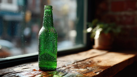 A green beer bottle with droplets of water on it, placed on a rustic wooden table in a cozy pub settingの素材