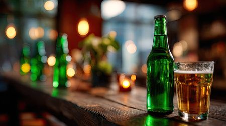 A few green beer bottles on a bar counter with a glass of beer in front, surrounded by soft lighting and cozy pub ambianceの素材