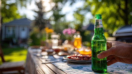 A hand reaching for a green beer bottle on a table, with a relaxed backyard BBQ scene in the backgroundの素材