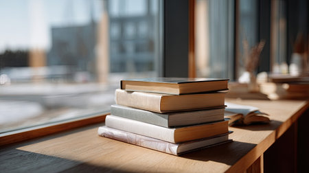 A neat set of hardcover books stacked on a wooden library table, soft daylight streaming through large windowsの素材