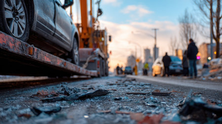 A damaged vehicle being loaded onto a tow truck after a collision, pieces of bumper on the groundの素材