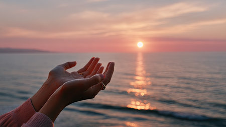 A pair of feminine hands cupping the setting sun as it dips below the horizon, capturing serenity and warmthの素材