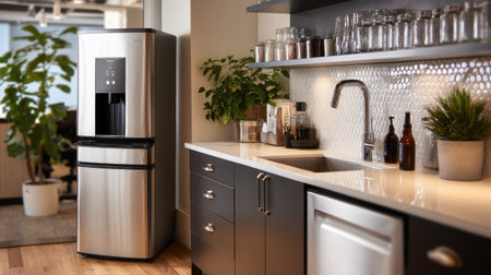 A professional-grade water cooler in a modern office kitchen, with stainless steel accents and a focus on convenienceの素材