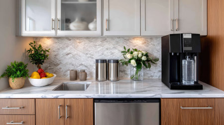 A professional-grade water cooler in a modern office kitchen, with stainless steel accents and a focus on convenienceの素材