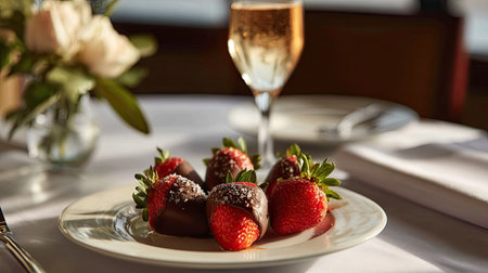 A luxurious plate of chocolate-dipped strawberries on a fine dining table, with a glass of champagne beside itの素材
