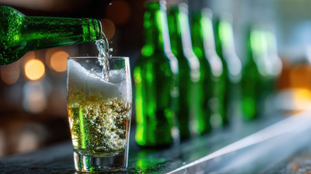 A close-up of green beer bottles on a bar counter, with one bottle tilted to pour into a glass, creating a frothy headの素材