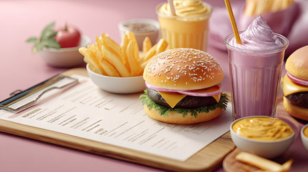 A fast food menu with delicious-looking items, showcasing hamburgers, fries, and milkshakes in a vibrant layoutの素材