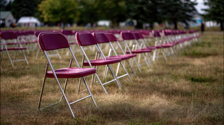 A large number of vacant folding chairs set up outdoors on grass, awaiting a public event or gatheringの素材