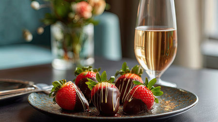 A luxurious plate of chocolate-dipped strawberries on a fine dining table, with a glass of champagne beside itの素材