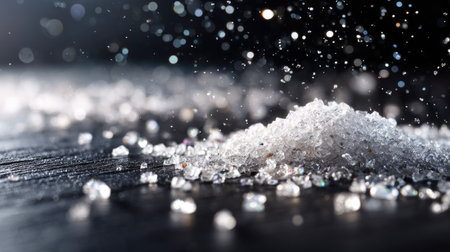 A close-up of sparkling crushed ice spread across a glossy black surface, with dramatic lighting highlighting the crystal texturesの素材